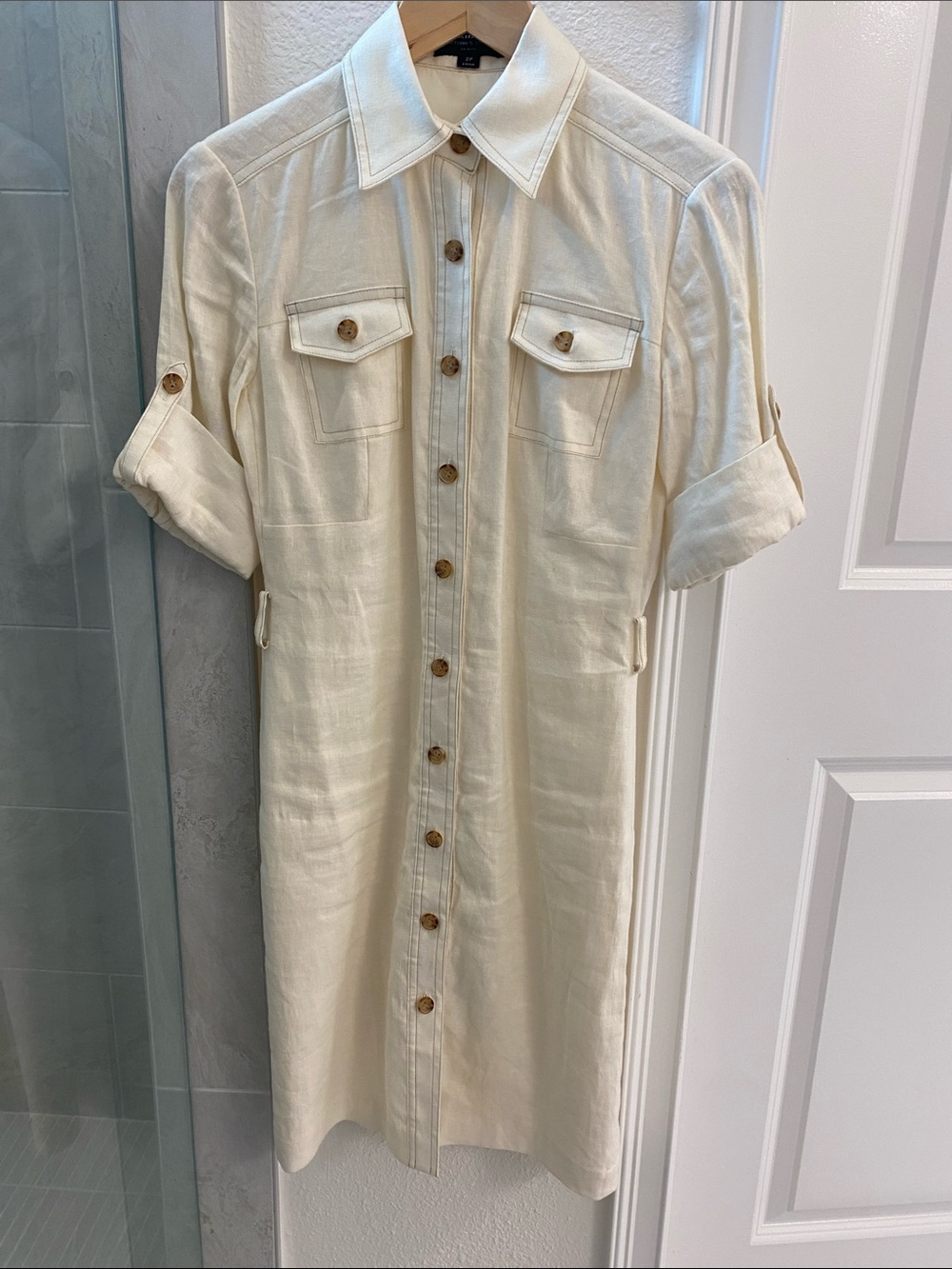 Tahari Cream Button-Front Midi Linen Shirt Dress